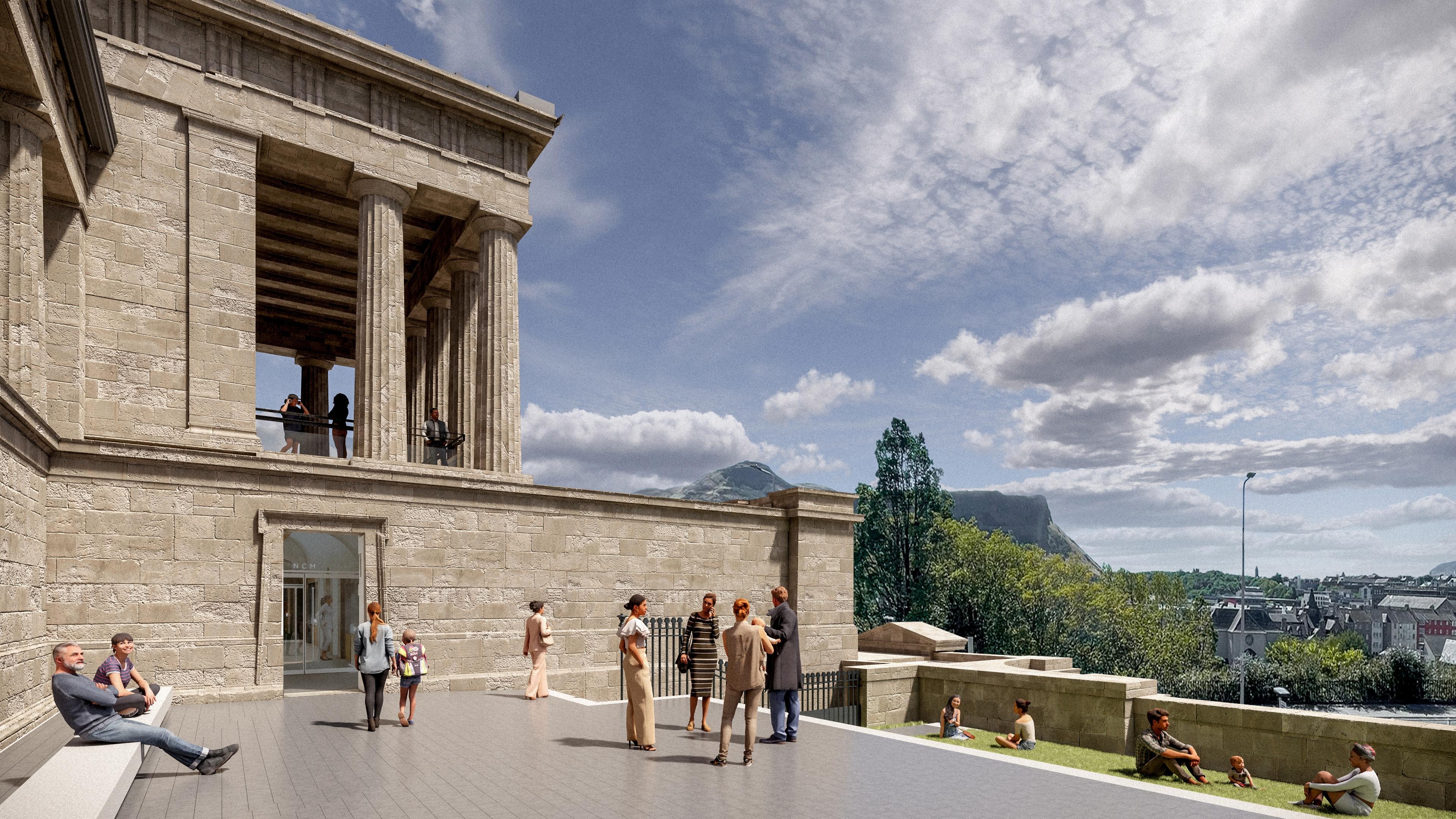 South terrace CGI on cloudy day with people